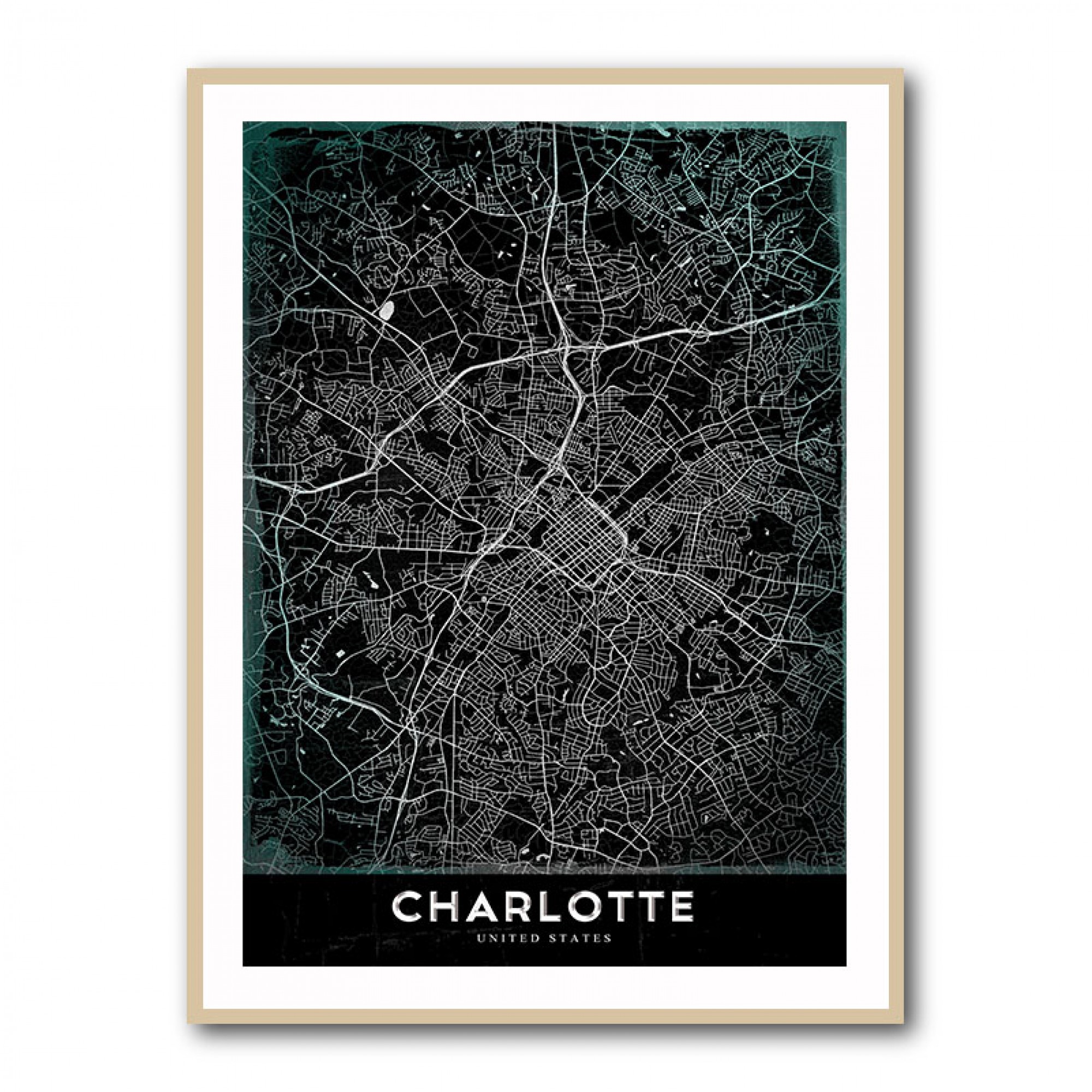 Charlotte Map Wall Art   2417188 Light Oak Framed Print 2000x2000 